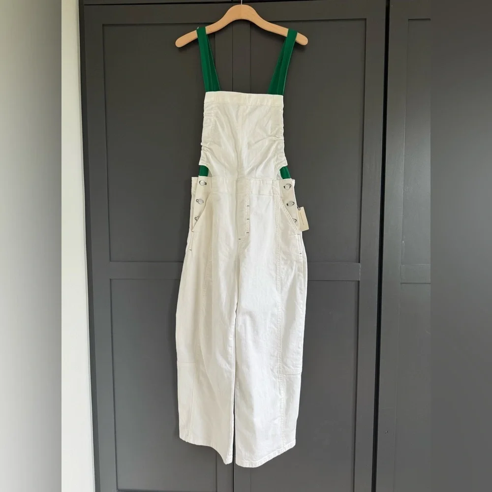 Anthropologie Pilcro Kenna Heritage White & Green Barrel Overalls • S • NWT - Picture 3 of 14